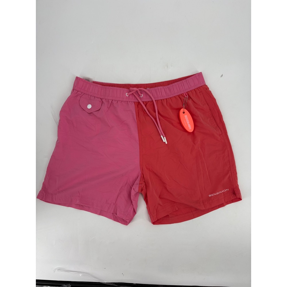 Bensimon Mens Colorblock Swim Trunks Pink Red Mesh Lined Size XL